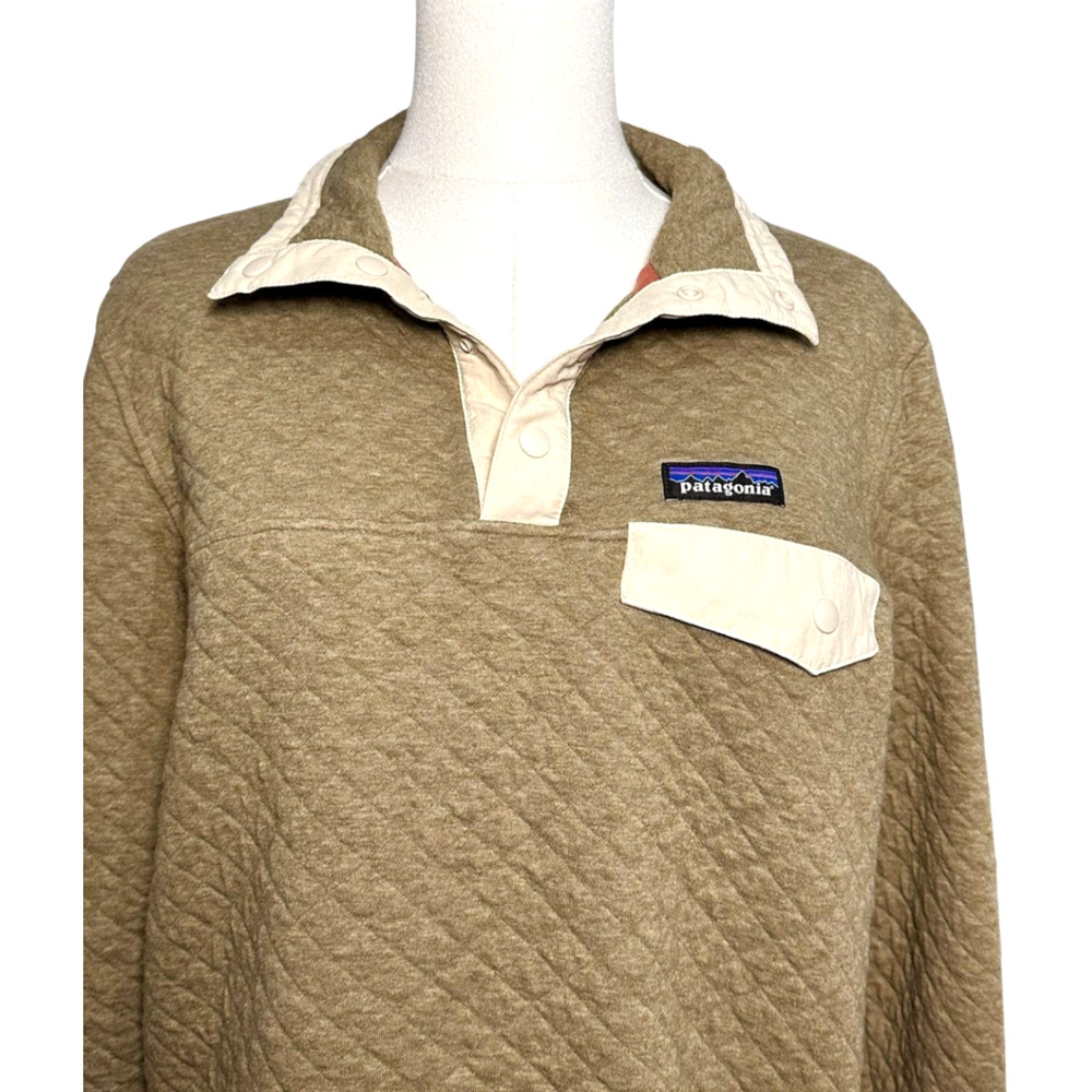 Patagonia Organic Cotton Quilt Snap T Green Cream Snap Collar Pullover Medium - Picture 7 of 9
